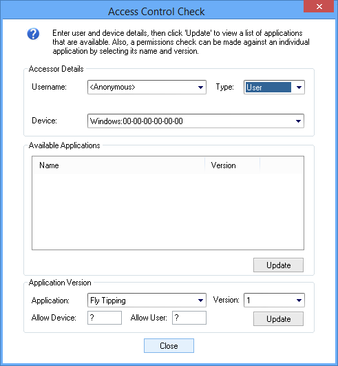 Picture showing the Access Control Check window.